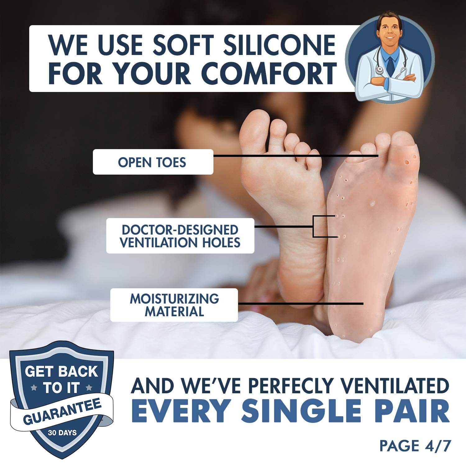 Dr. Frederick's open-toe sock worn on foot showing breathable comfort for overnight use