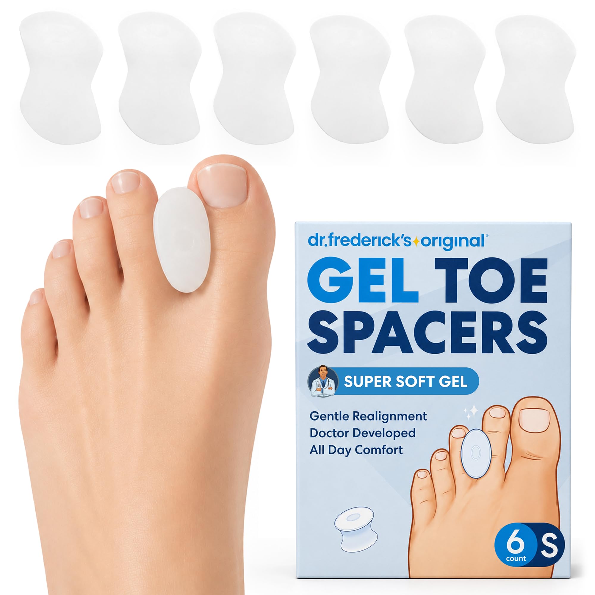 Dr. Frederick's Original front packaging showing six gel toe separators with benefits