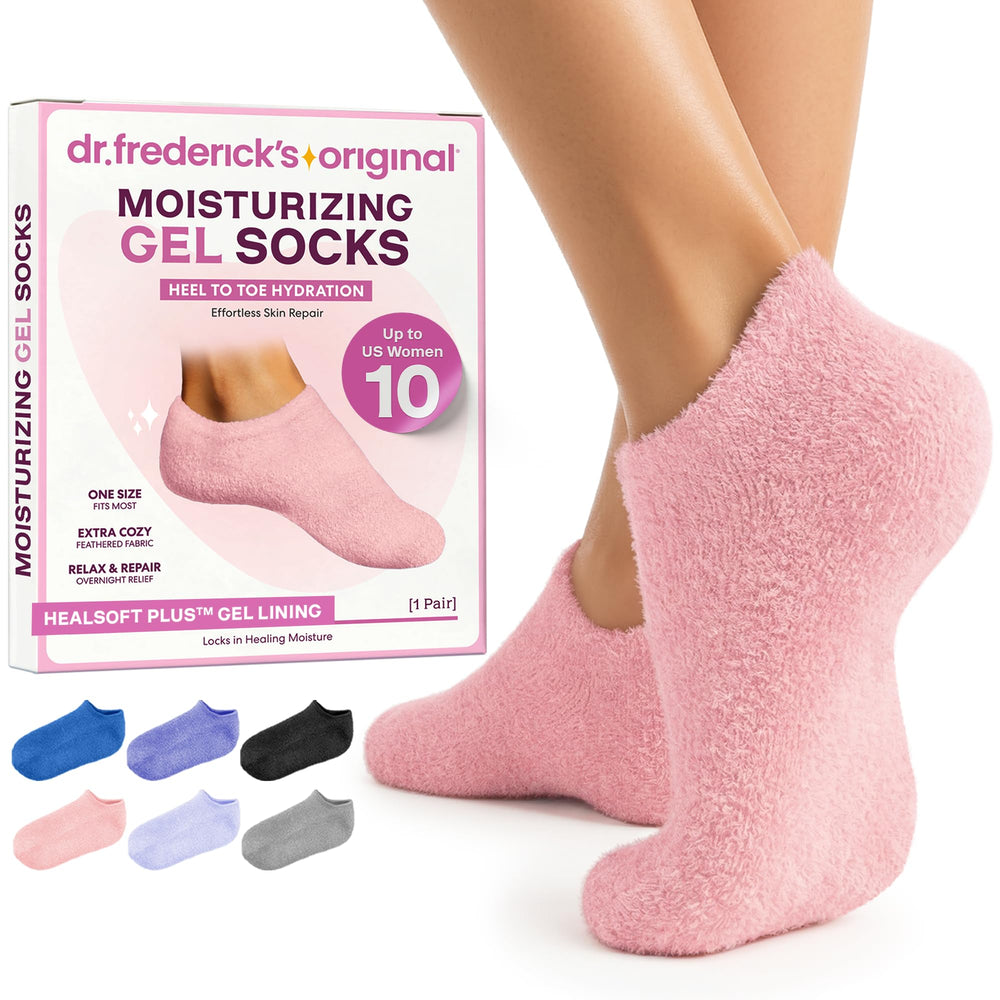 Dr. Frederick's front view of plush gel socks showing cozy exterior and brand comfort