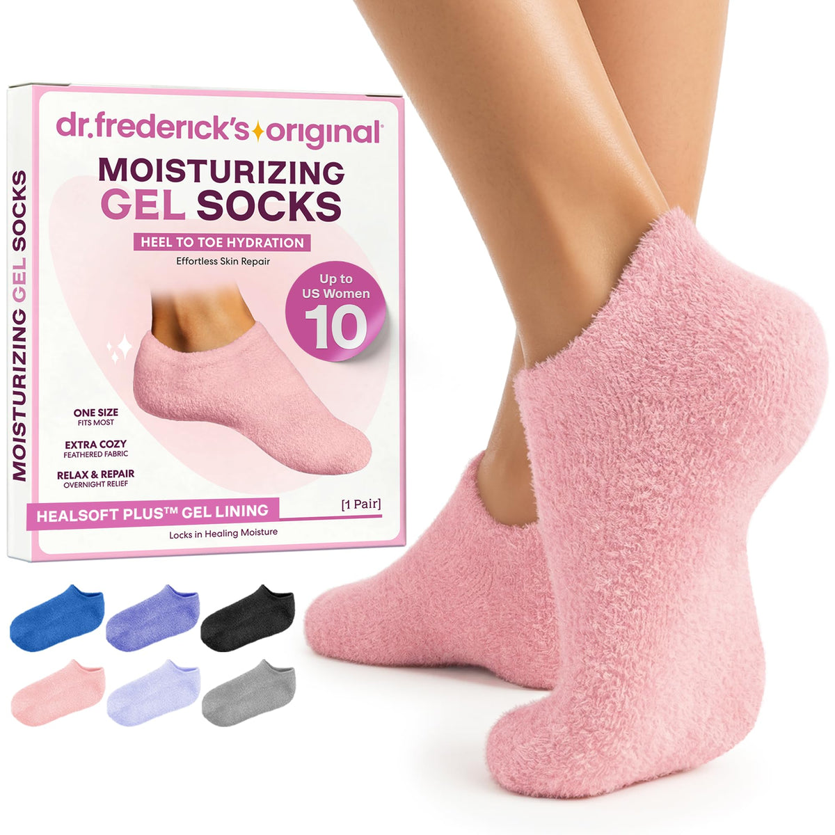 Dr. Frederick's front view of plush gel socks showing cozy exterior and brand comfort