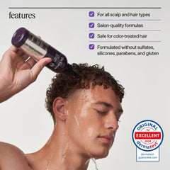 Dr. Groot bottle beside shampoo showing compact size and routine benefit