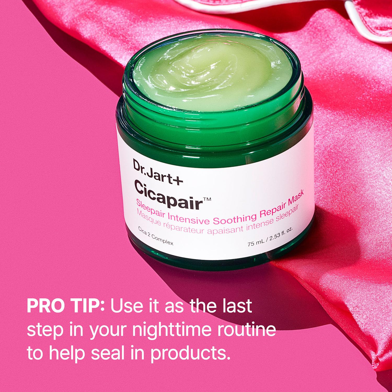 Dr.Jart+ mask on nightstand lifestyle shot suggesting restful overnight repair