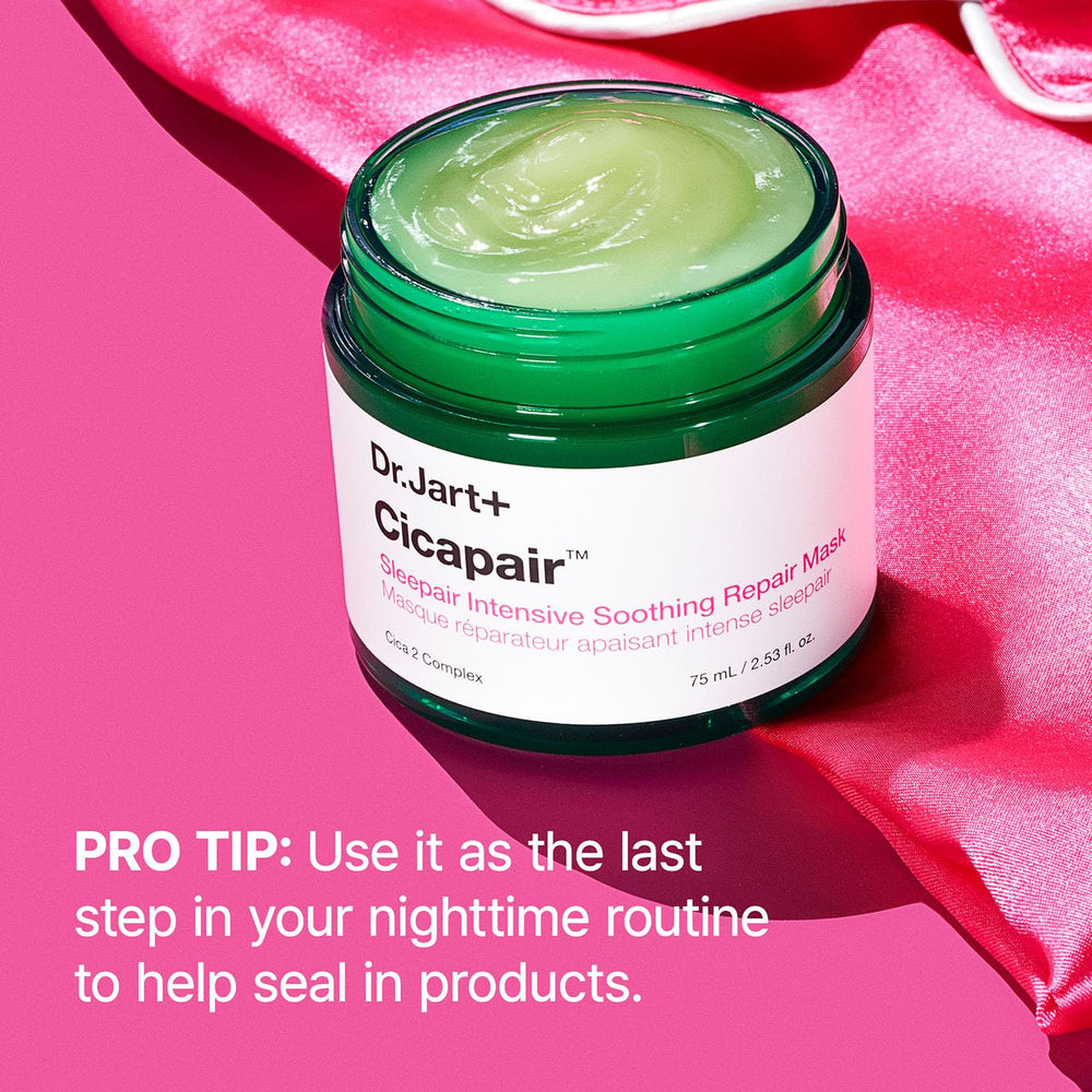 Dr.Jart+ mask on nightstand lifestyle shot suggesting restful overnight repair