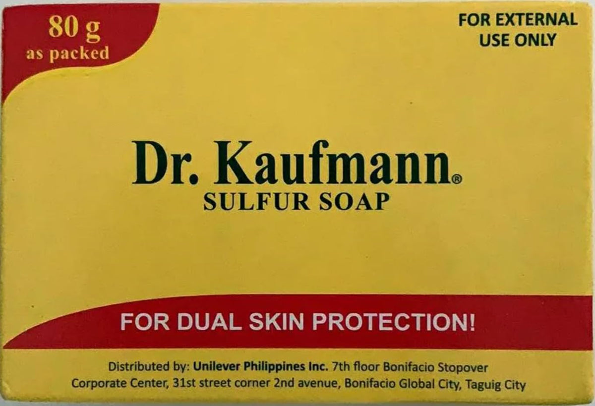Dr. Kauffman Soap sulfur soap front packaging shows bar and benefits