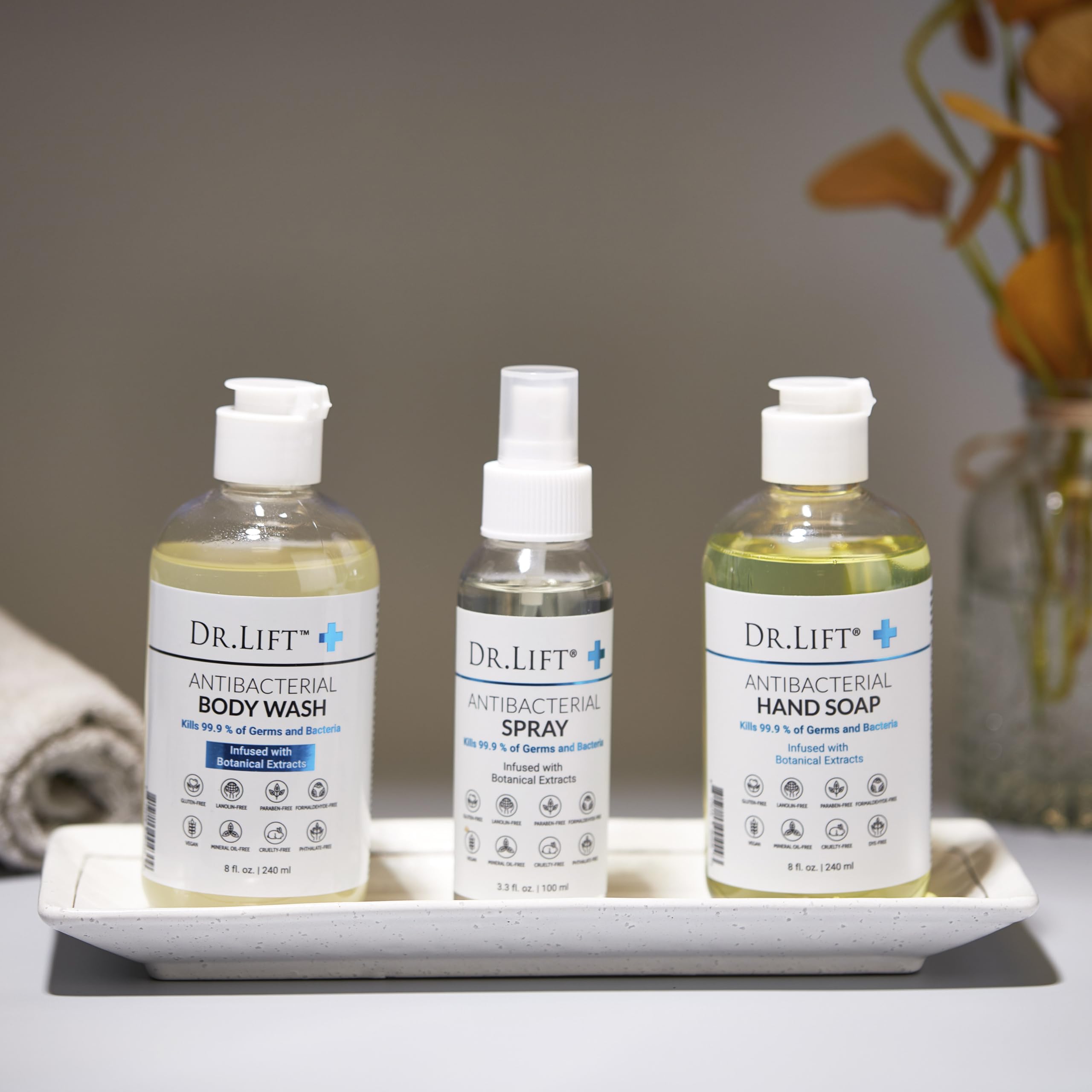 DR. LIFT body wash in use on a loofah demonstrating gentle cleansing while hydrating skin