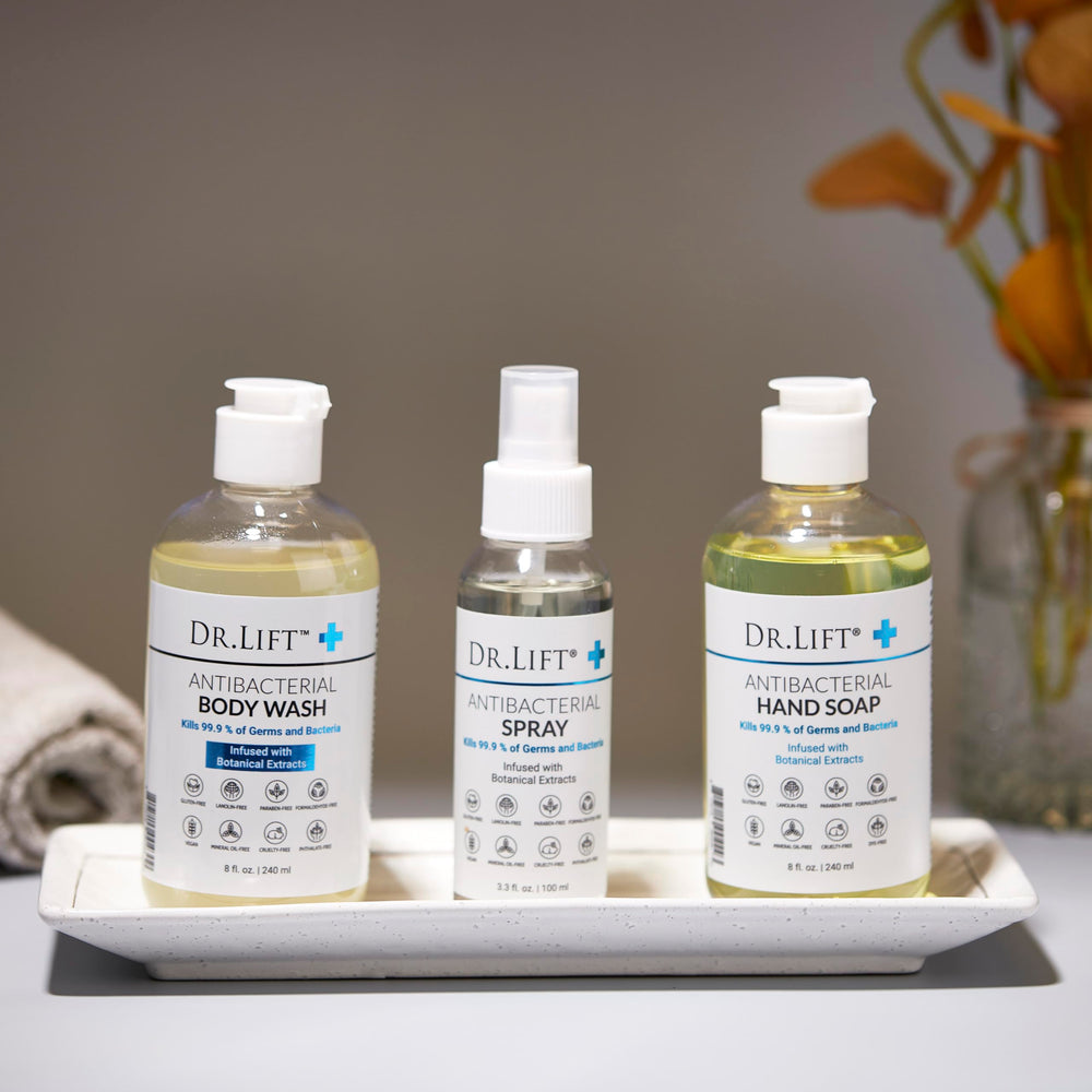 DR. LIFT body wash in use on a loofah demonstrating gentle cleansing while hydrating skin