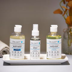 DR. LIFT body wash in use on a loofah demonstrating gentle cleansing while hydrating skin