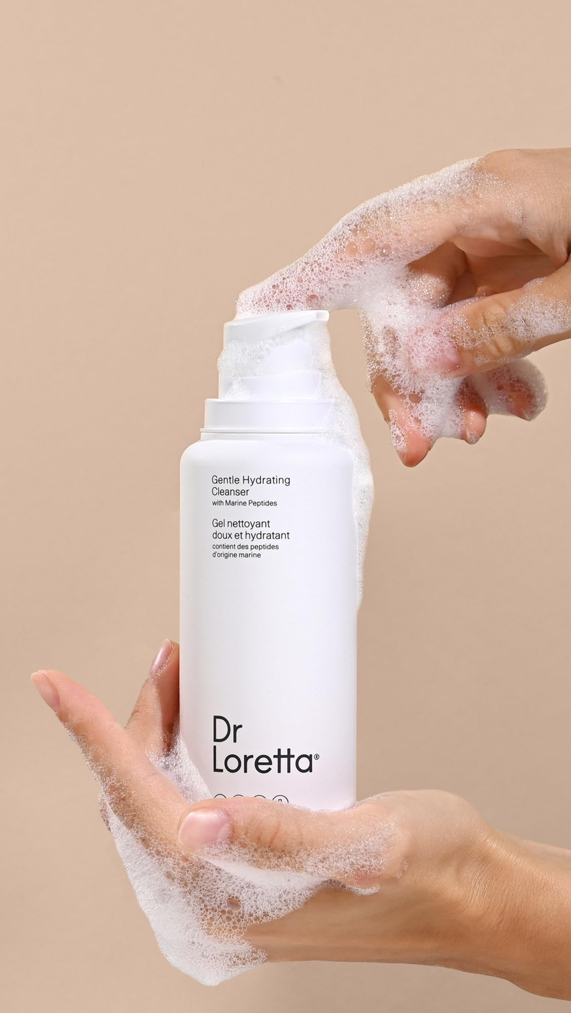 Dr. Loretta ingredient label close-up, spotlighting marine peptides and chamomile