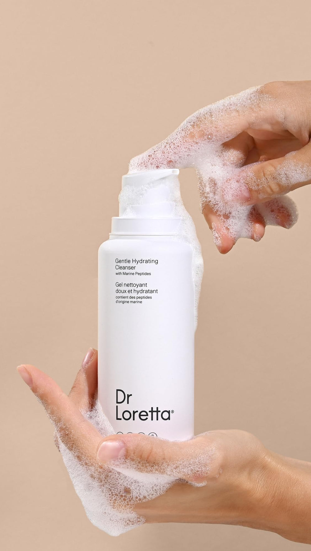 Dr. Loretta ingredient label close-up, spotlighting marine peptides and chamomile
