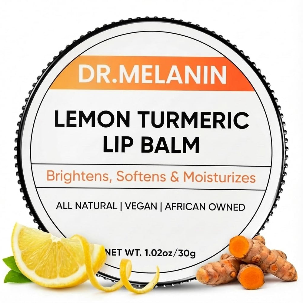 Dr. Melanin tin front view showing clean natural lip balm branding and brightening benefit