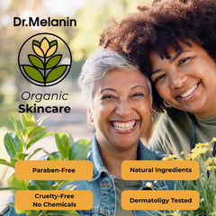 Macro of Dr. Melanin label and ingredient list emphasizing dermatologist formulation