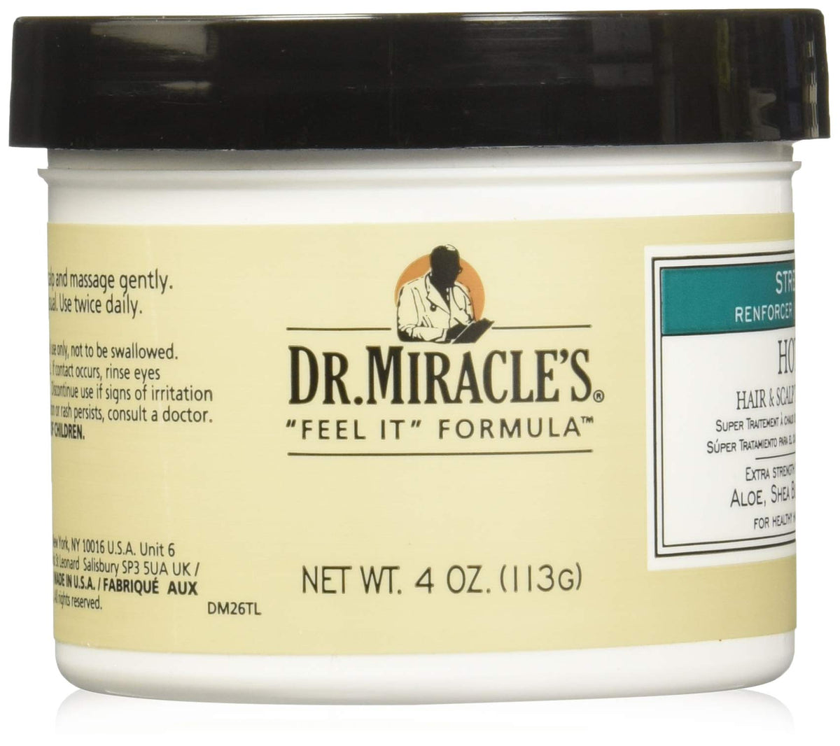 Dr. Miracle's front packaging of 4 oz hot grow treatment showing compact travel-friendly size and strong conditioning