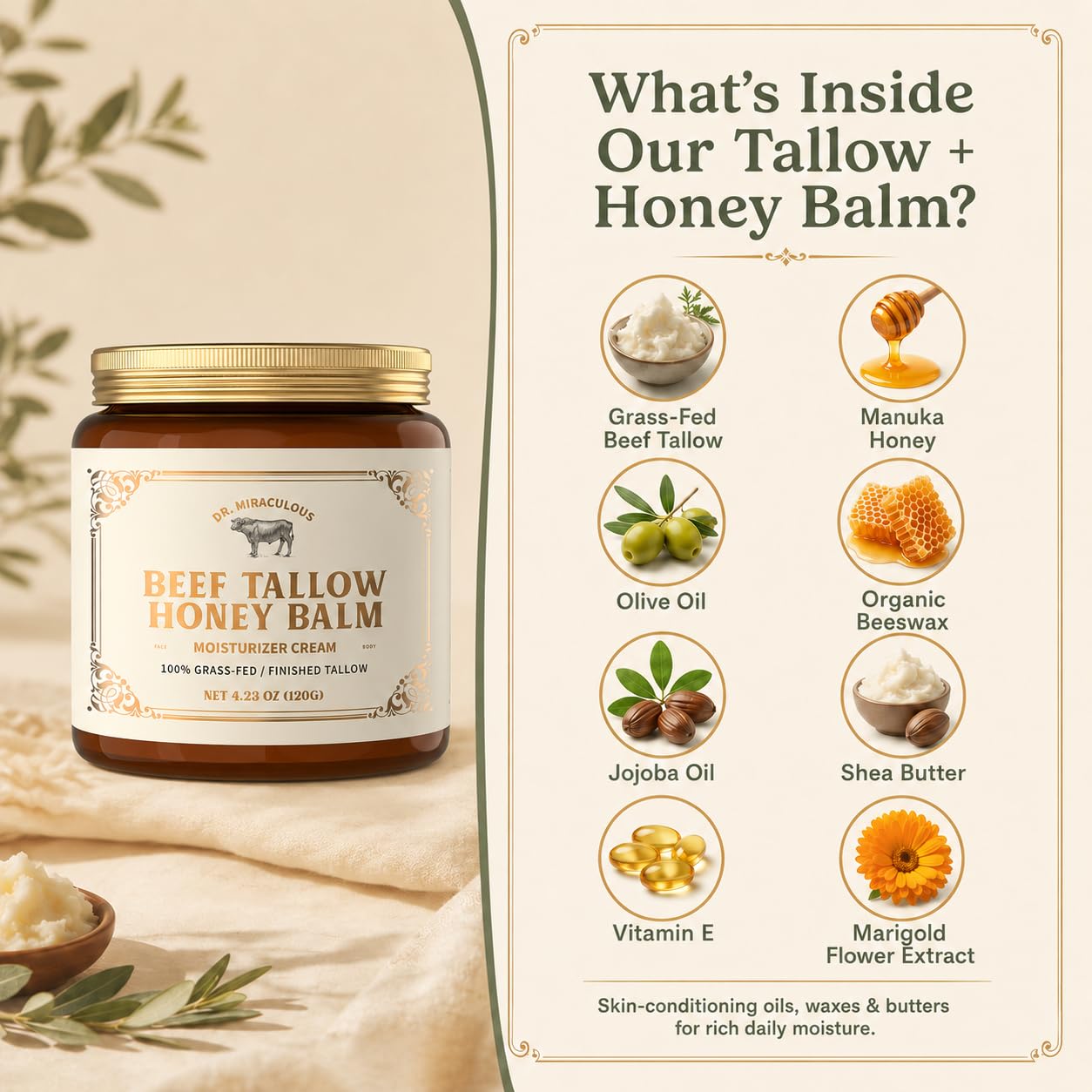 Dr. Miraculous ingredients honey beeswax and tallow highlighting natural formulation