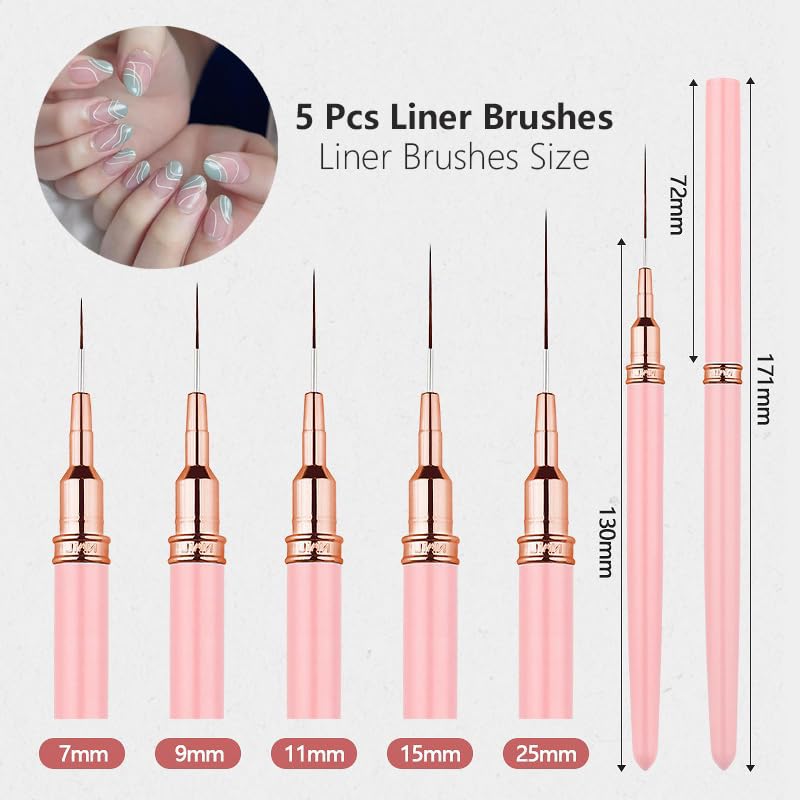 Dr.nail close-up of five nylon liner brushes displaying varied brush sizes