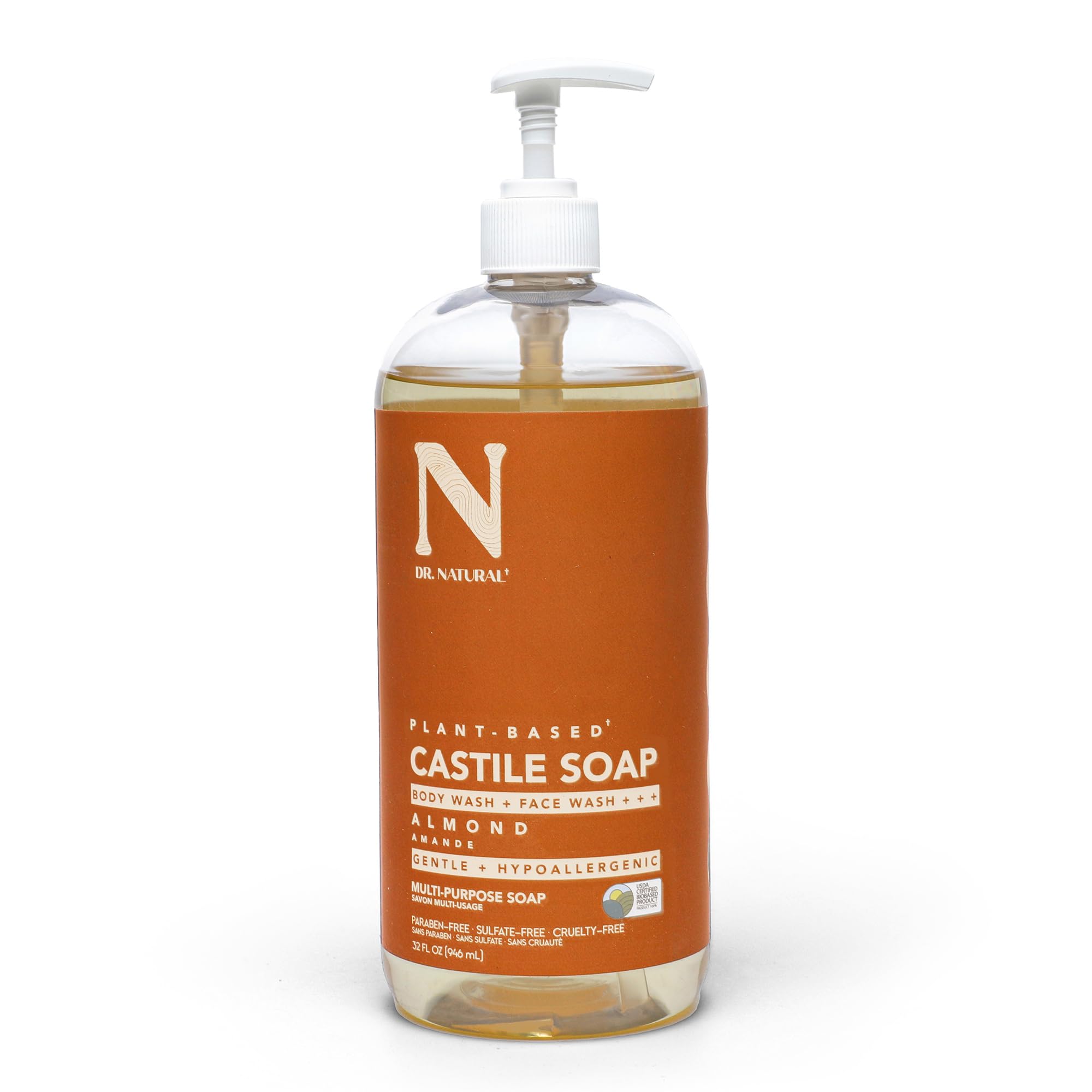 Dr. Natural front bottle view showing almond scent and 32 oz size, practical storage benefit