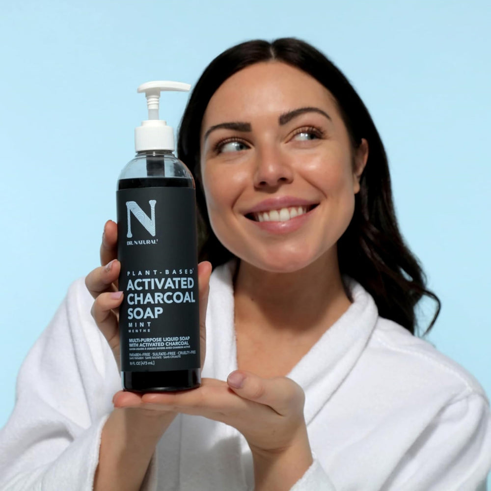 Dr. Natural bottle in shower caddy showing convenient daily-use placement benefit