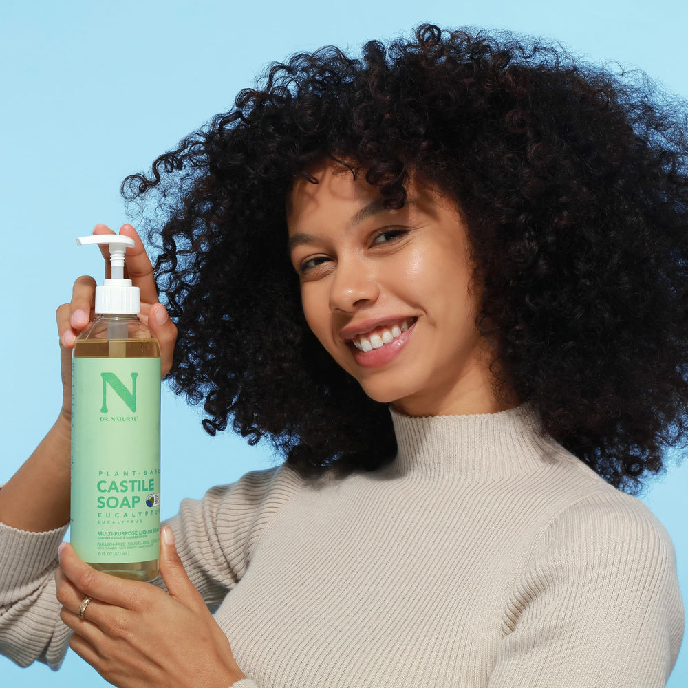Dr. Natural bottle on bathroom shelf illustrating everyday shower use and fresh scent