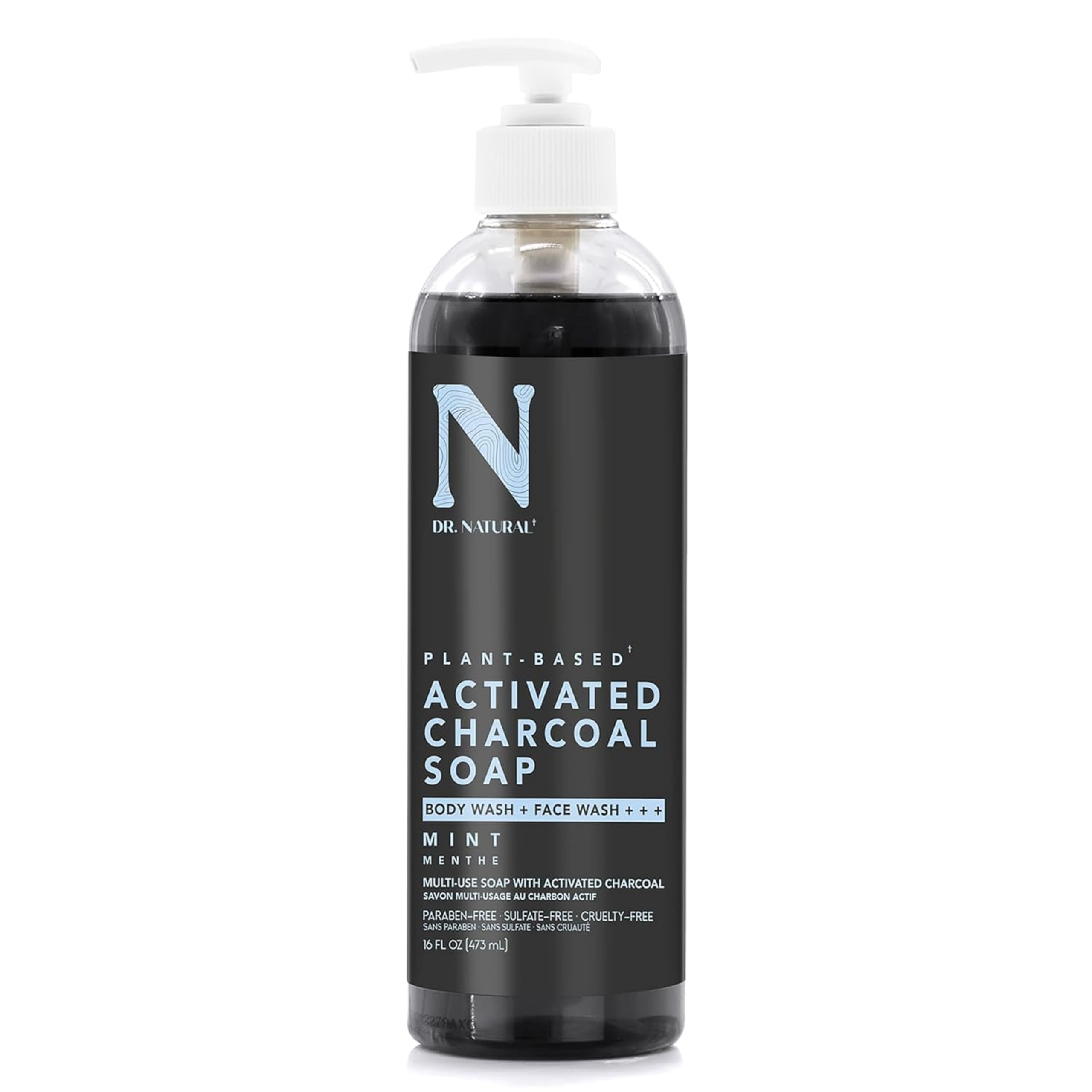 Dr. Natural front packaging 16 oz bottle showing mint label and charcoal benefit