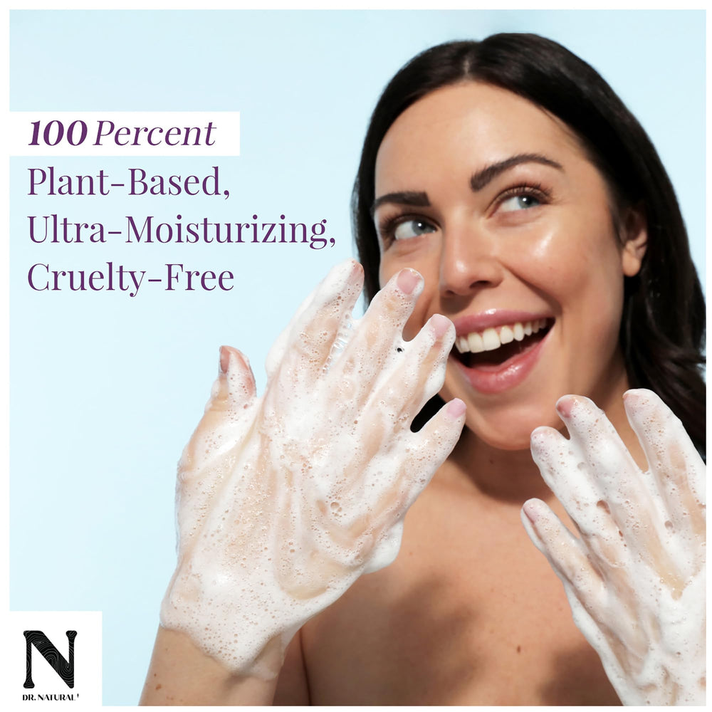 Dr. Natural lather on hand demonstrating gentle foaming and effective cleansing