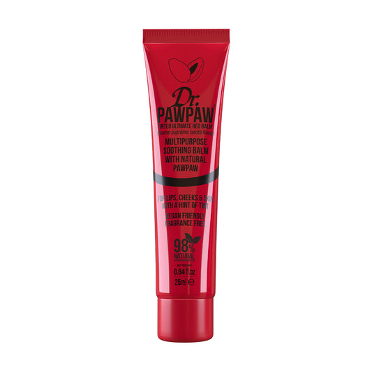 Dr. PAWPAW ORIGINAL BALM front tube showing the Ultimated Red shade and compact portability
