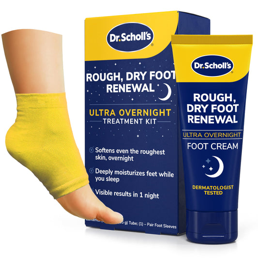 Dr. Scholl's front packaging showing cream and heel sleeves for overnight softening
