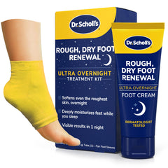 Dr. Scholl's front packaging showing cream and heel sleeves for overnight softening