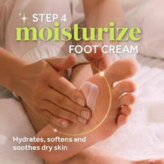 Dr. Scholl's kit contents arranged to display soak, mask, pumice and cream for convenience
