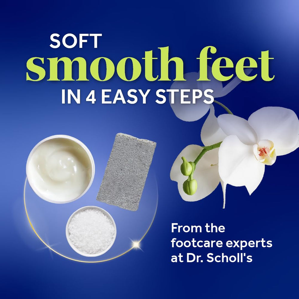 Dr. Scholl's product staged in a bathroom setting conveying a spa-like home treatment