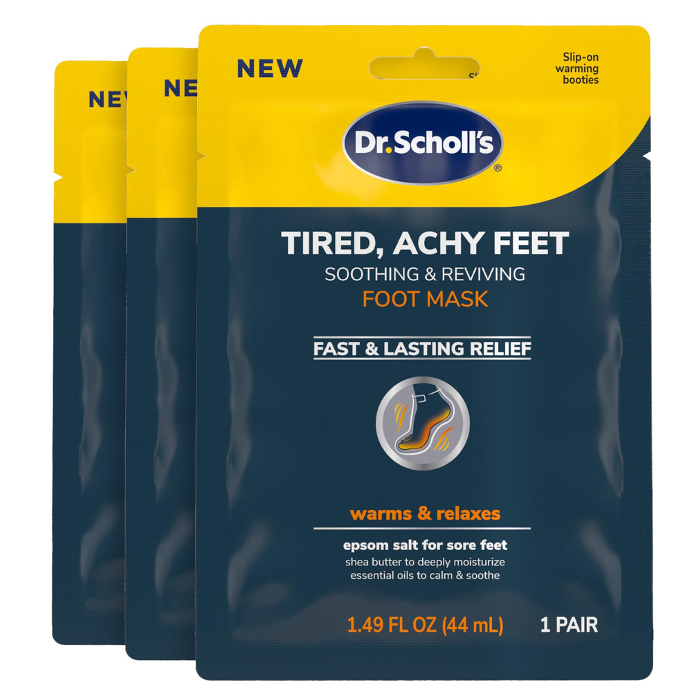 Dr. Scholl's front packaging showing three pairs and warming booties benefit