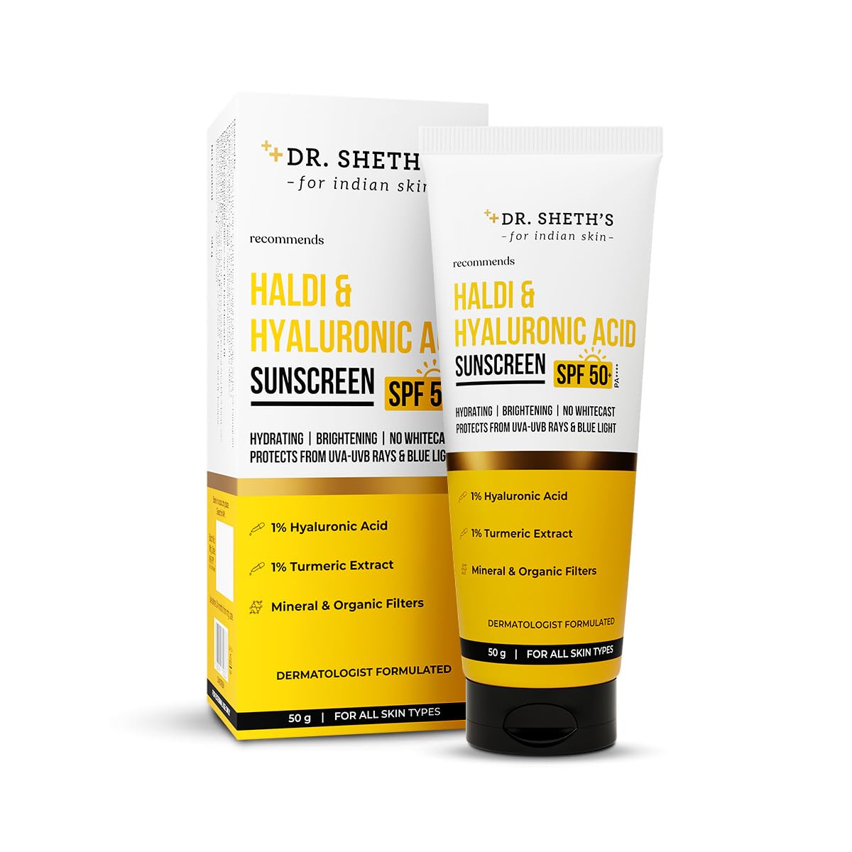 Dr. Sheth's front tube view showing SPF 50+ protection and skincare benefits