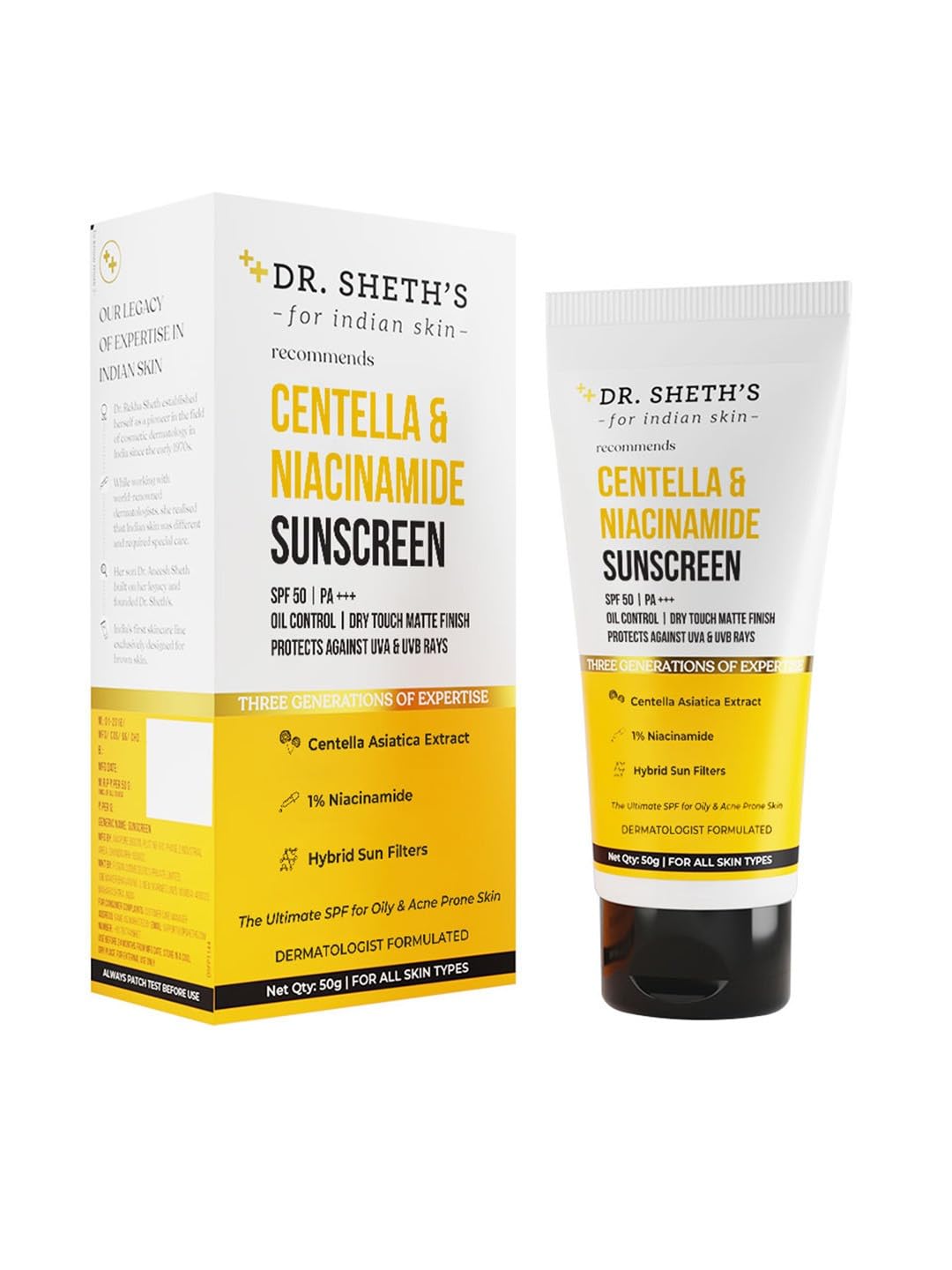 Dr. Sheth's front packaging showing SPF 50 benefits and matte claim