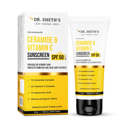 Dr. Sheth's front packaging showing SPF 50+ protection and benefits