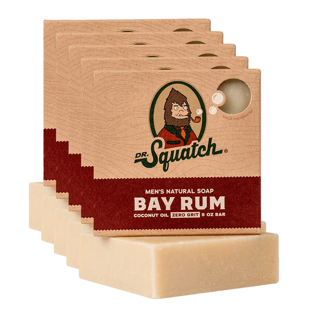 Dr. Squatch front packaging showing Bay Rum bar and benefit of natural formulation
