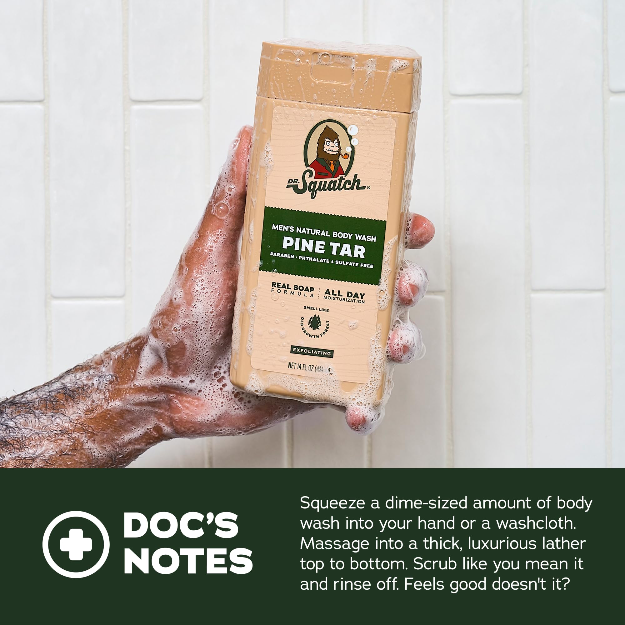 Dr. Squatch bottle label detail showing ingredients and Scent-Lock Technology info