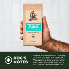 Dr. Squatch bottles staged in a shower highlighting everyday use convenience