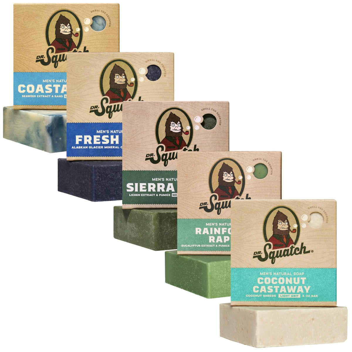 Dr. Squatch five-pack front view showing all scent bars and bright packaging benefit shower variety