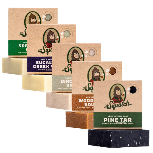 Dr. Squatch five-pack front packaging showing scent variety and gift-ready presentation