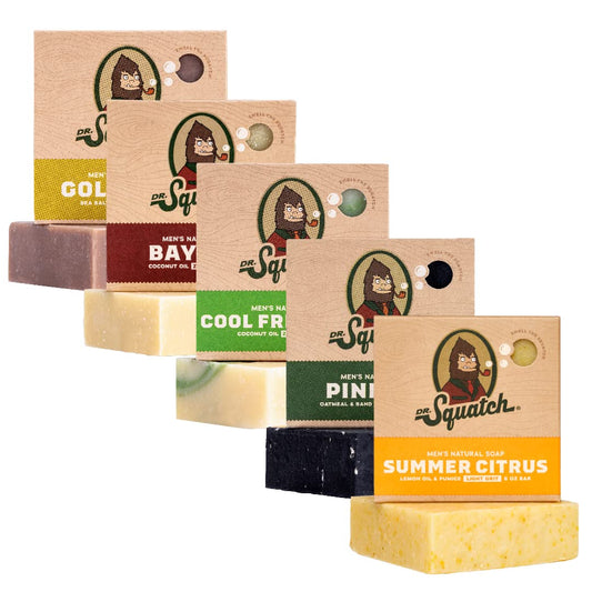 Dr. Squatch five-pack front packaging showing variety and gift-ready presentation