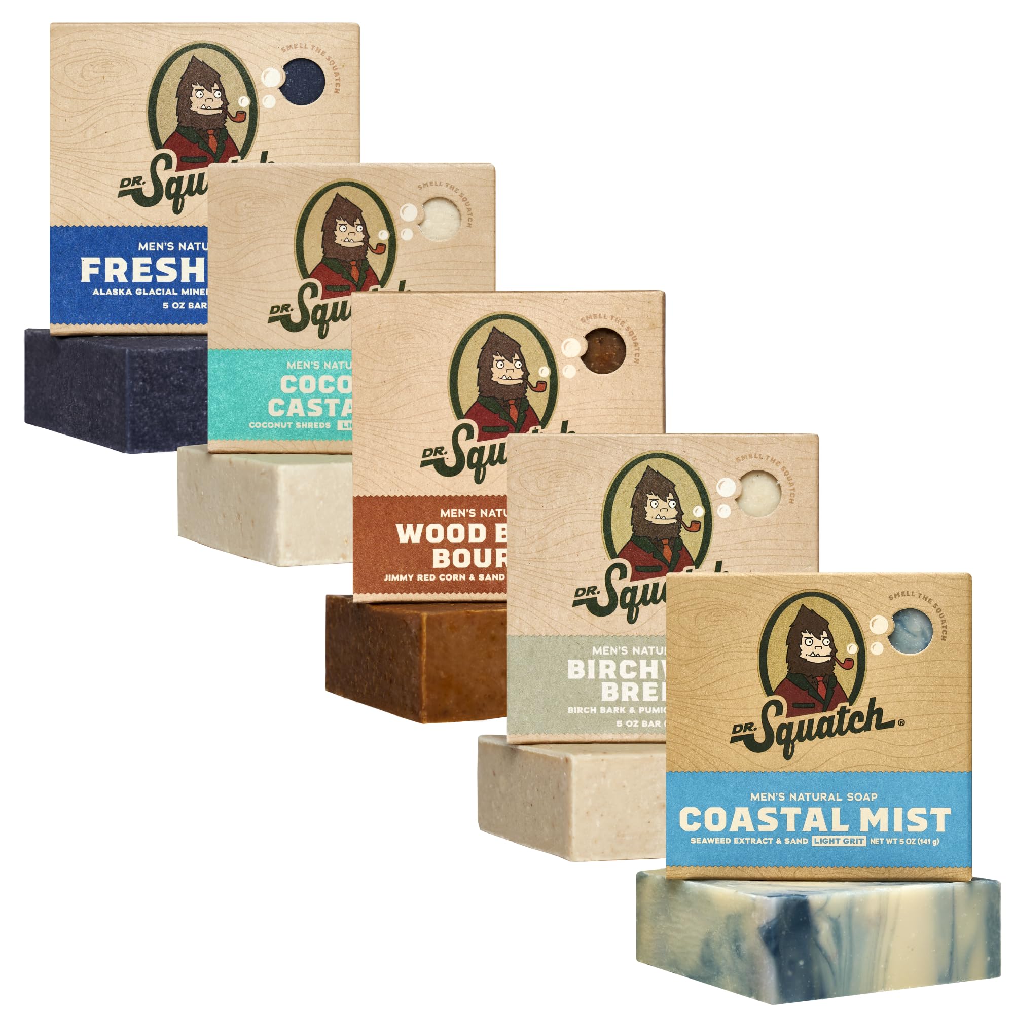 Dr. Squatch five-pack front packaging showing all scent labels and variety benefits