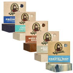 Dr. Squatch five-pack front packaging showing all scent labels and variety benefits