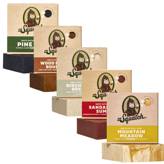 Dr. Squatch five-pack front packaging showing all five bars and branding benefit: convenient gift set