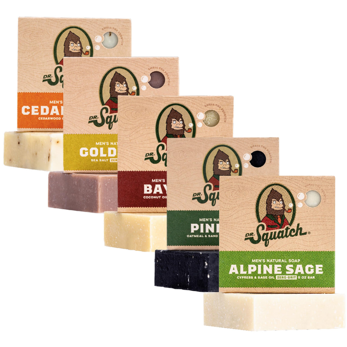 Dr. Squatch five-pack front packaging showing all five scents and variety benefit
