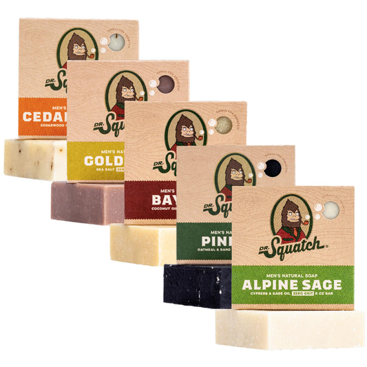 Dr. Squatch five-pack front packaging showing all five scents and variety benefit