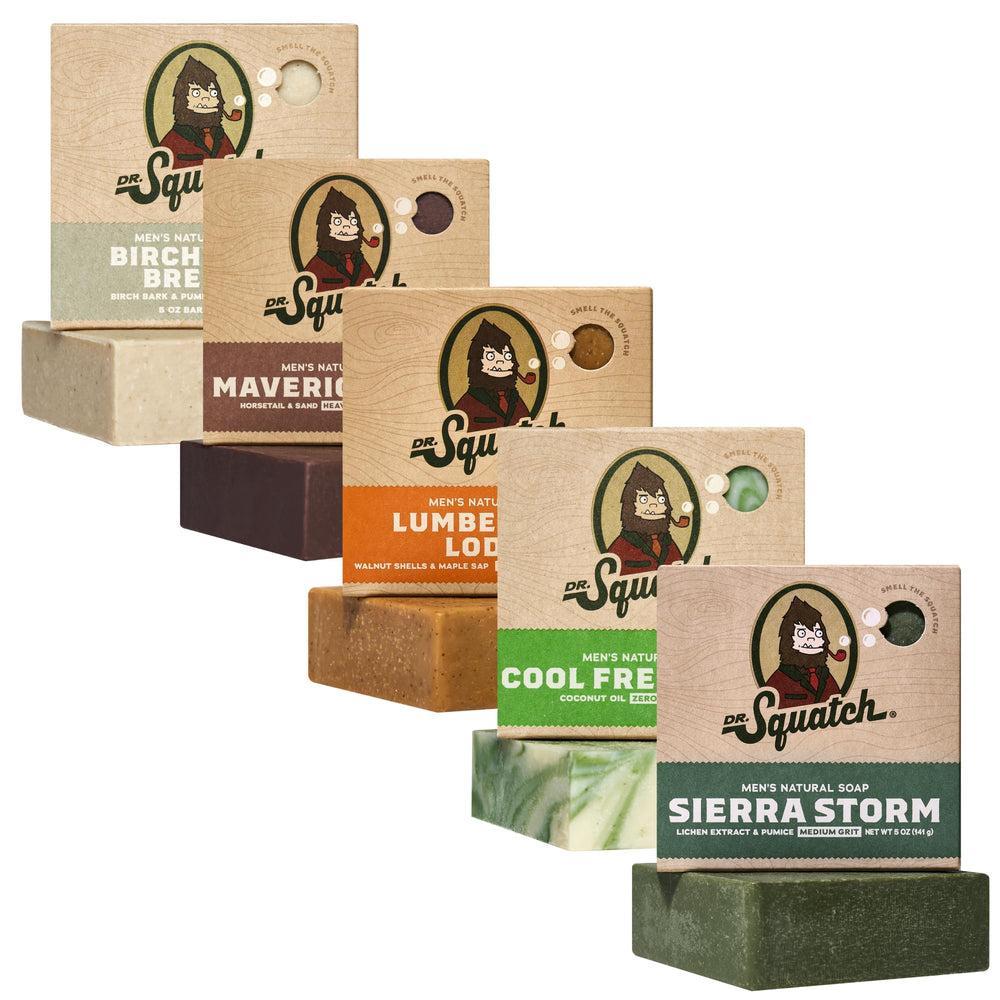 Dr. Squatch five-pack front view showing all five bars and packaging for variety and gifting