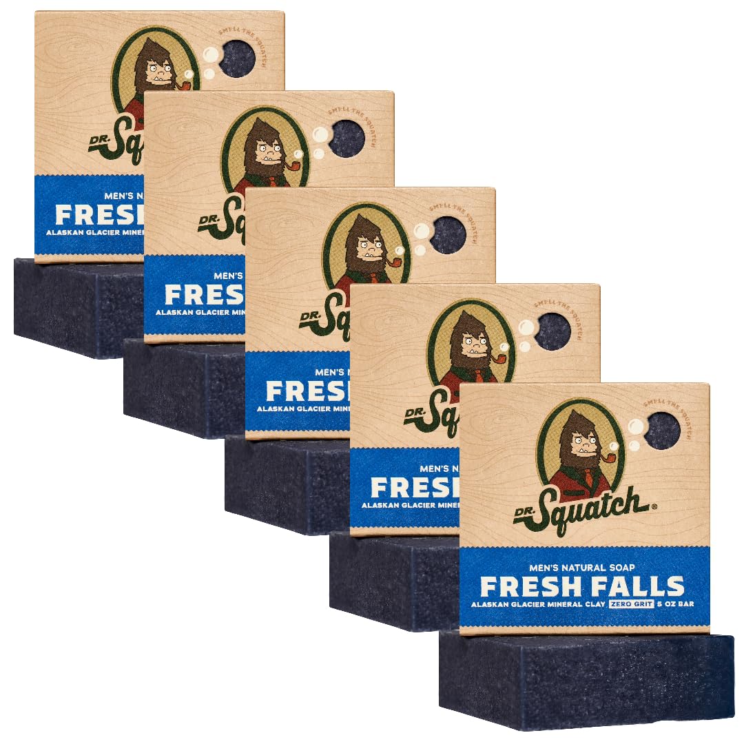 Dr. Squatch Fresh Falls front packaging showing five bars and scent label for easy selection