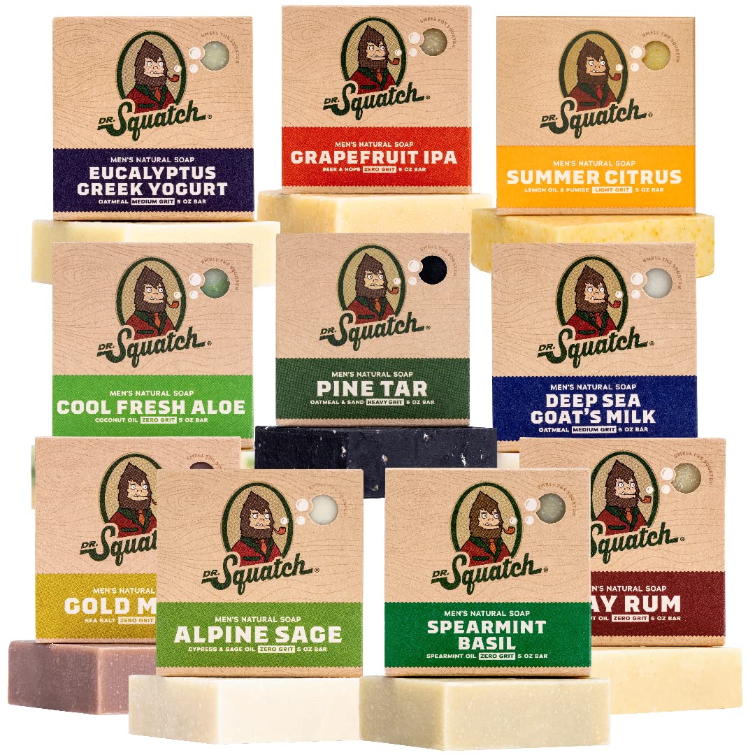 Dr. Squatch front packaging showing ten soap bars and scent variety benefit