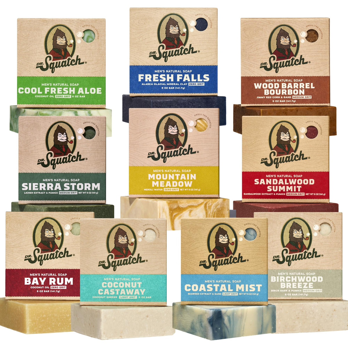 Dr. Squatch front packaging showing 10-pack and scent variety for convenience