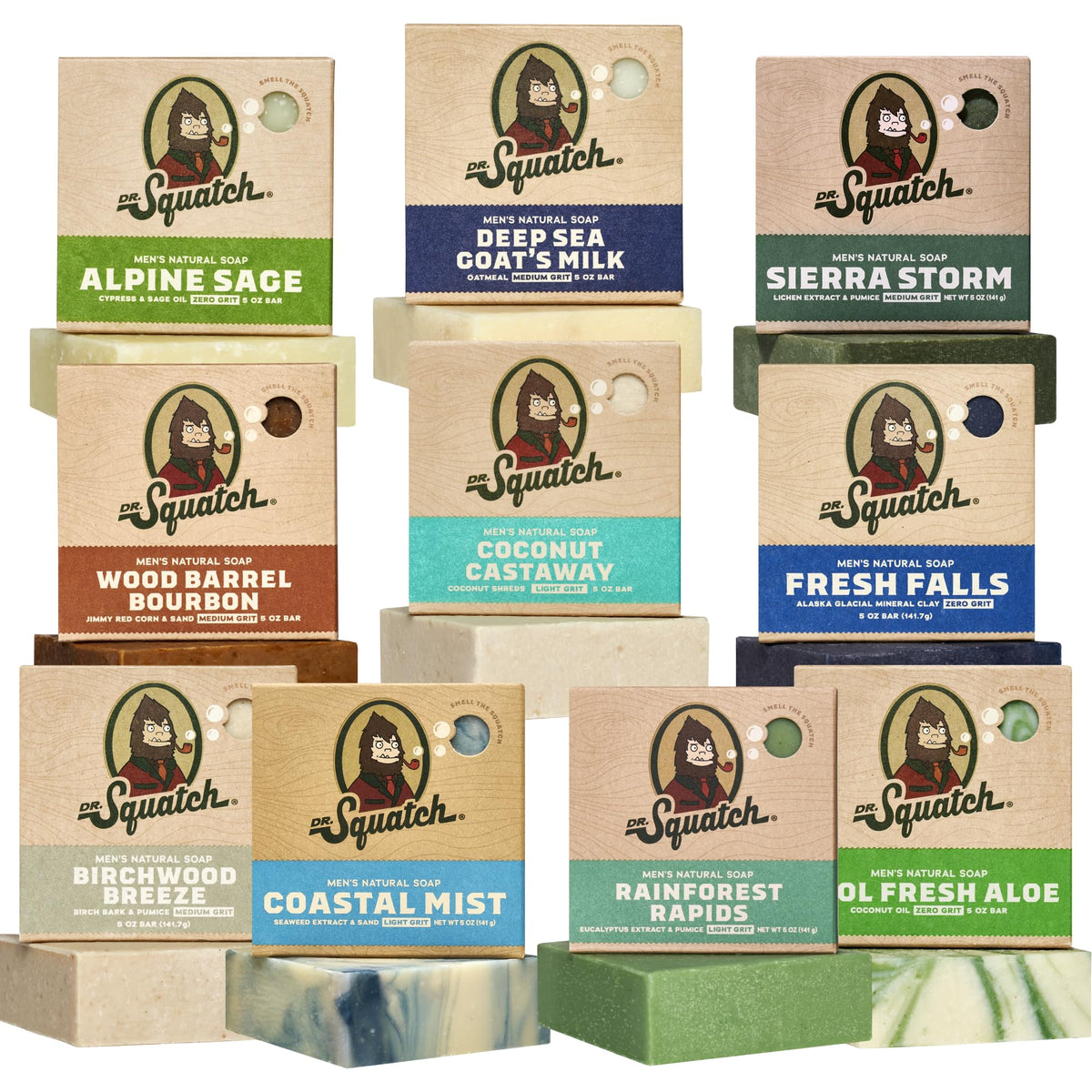 Dr. Squatch front packaging showing 10-pack and scent variety benefit convenience