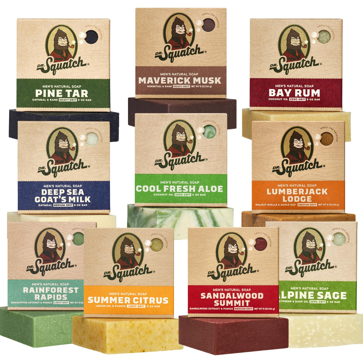 Dr. Squatch front packaging shows assorted scents and gift-ready presentation