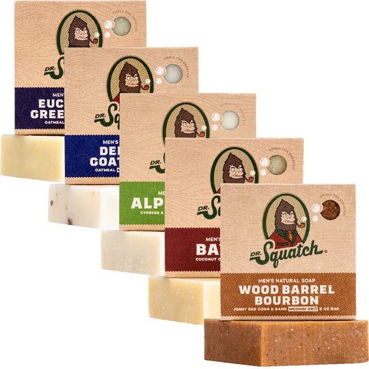 Dr. Squatch five-pack front packaging showing variety and gift-ready appeal